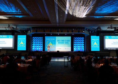 A speaker stands on stage at the Tapia 2023 conference, with large screens and round tables in the dimly lit audience area.