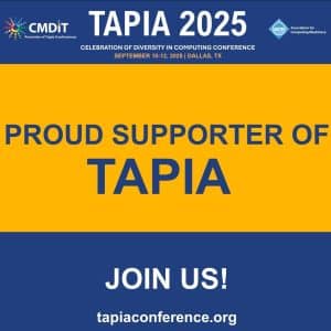 A promotional graphic for TAPIA 2025 in Dallas, Texas, invites people to join as proud supporters, with event and website details.
