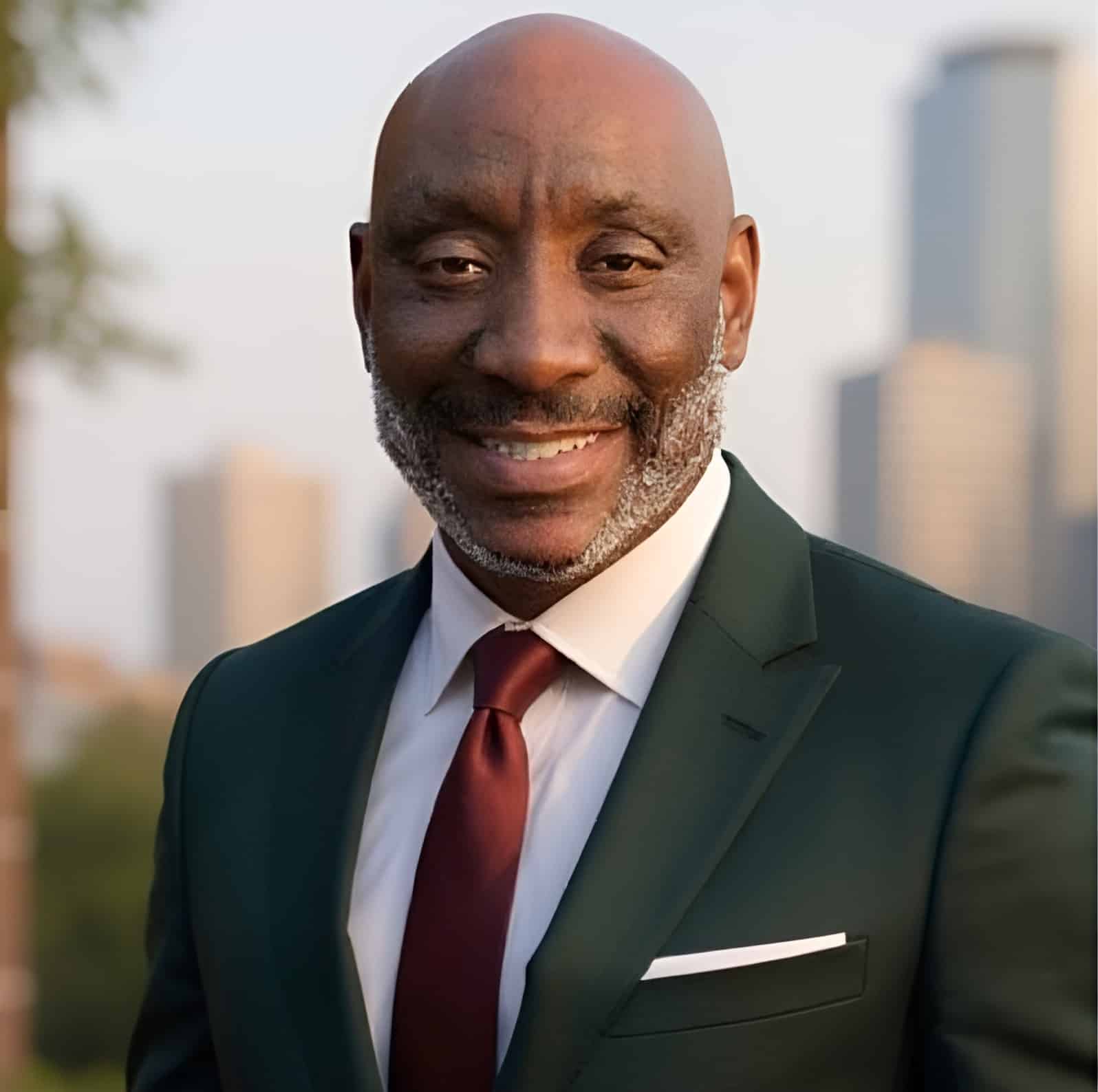 A man in a dark green suit and red tie smiles outdoors with a cityscape in the blurred background.